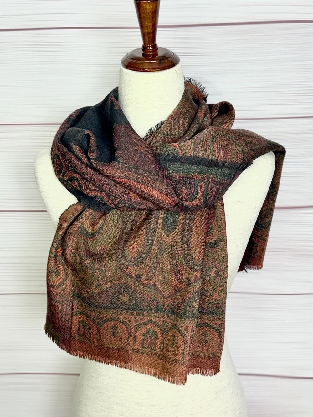 Bohemian Paisley Pashmina Scarf Reversible Earth-tone Brown and Black Wool (?)